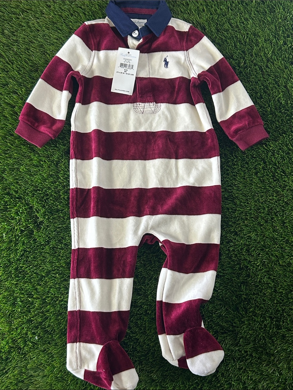 Polo by Ralph Lauren Burgundy & White Striped Footie with Navy Collar